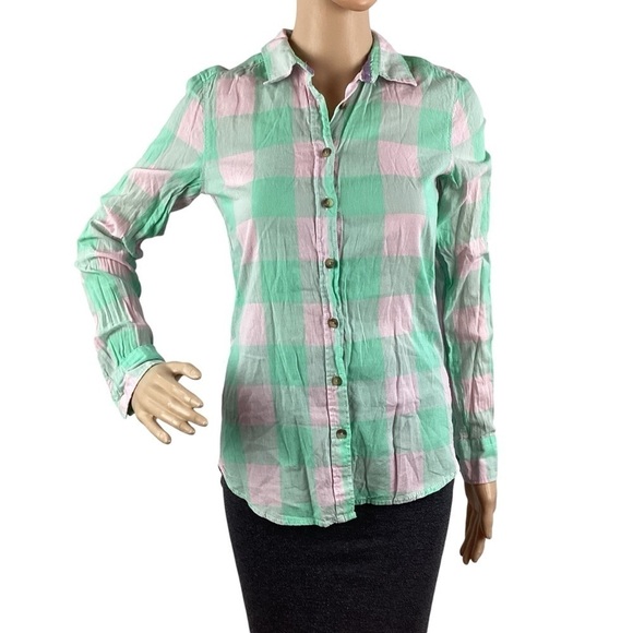 H&M L.O.G.G. Plaid Button Down Top Size 2 Pink Green - Picture 1 of 7